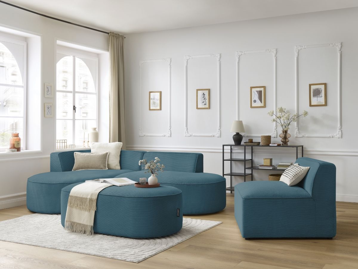 ROUSSEAU vaste modulaire hoekbank in corduroy met 1 fauteuil en 1 poef