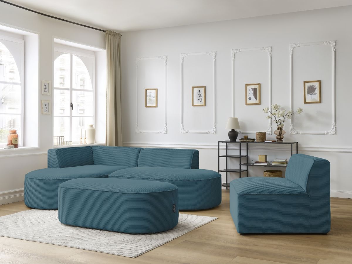 ROUSSEAU vaste modulaire hoekbank in corduroy met 1 fauteuil en 1 poef