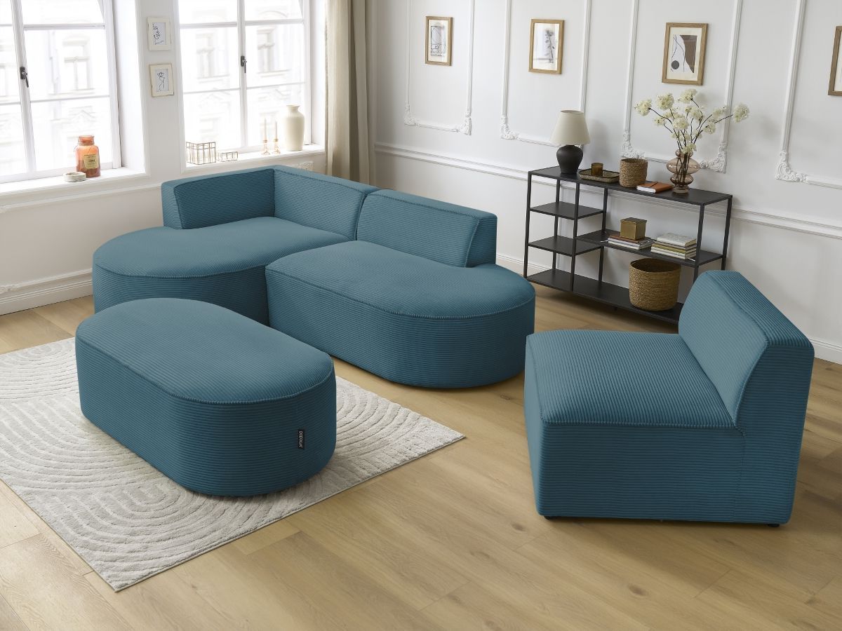 ROUSSEAU vaste modulaire hoekbank in corduroy met 1 fauteuil en 1 poef