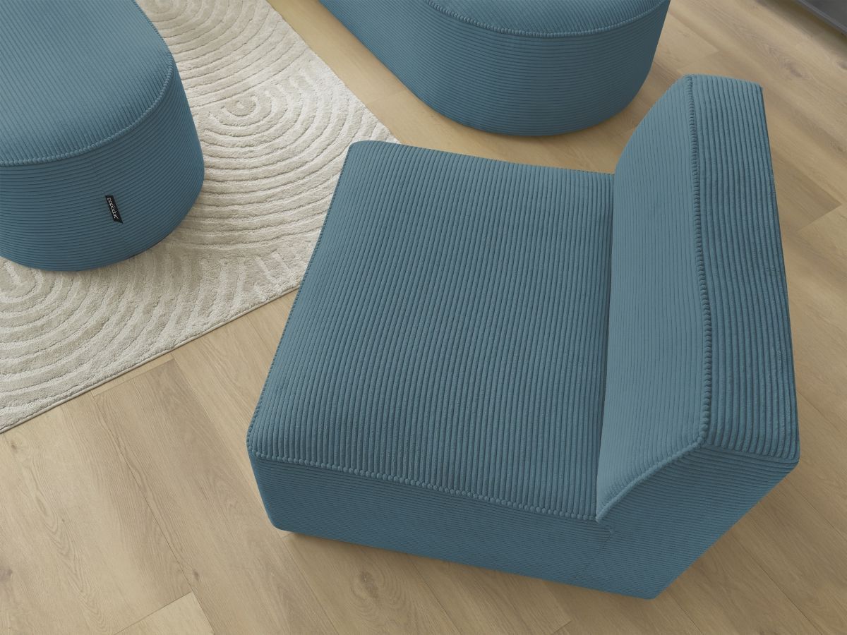ROUSSEAU vaste modulaire hoekbank in corduroy met 1 fauteuil en 1 poef