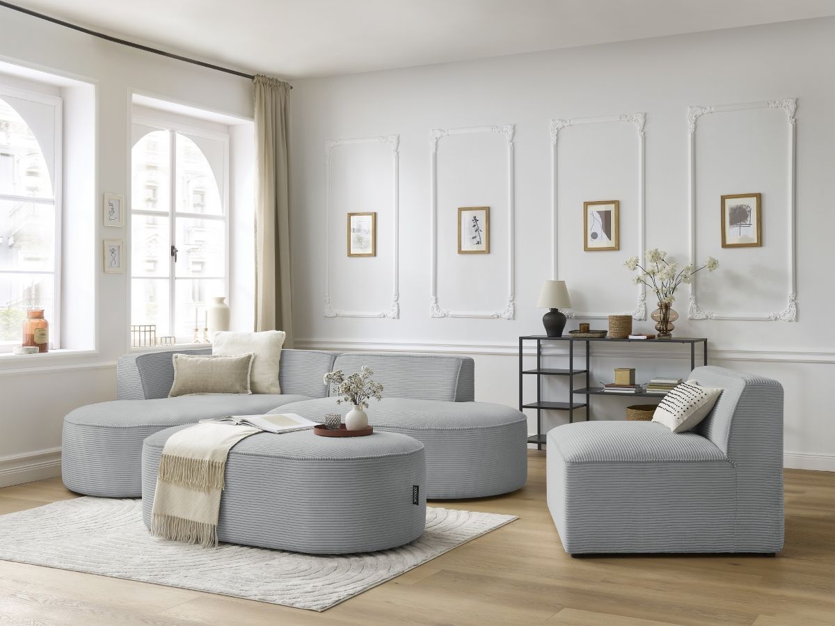 ROUSSEAU vaste modulaire hoekbank in corduroy met 1 fauteuil en 1 poef