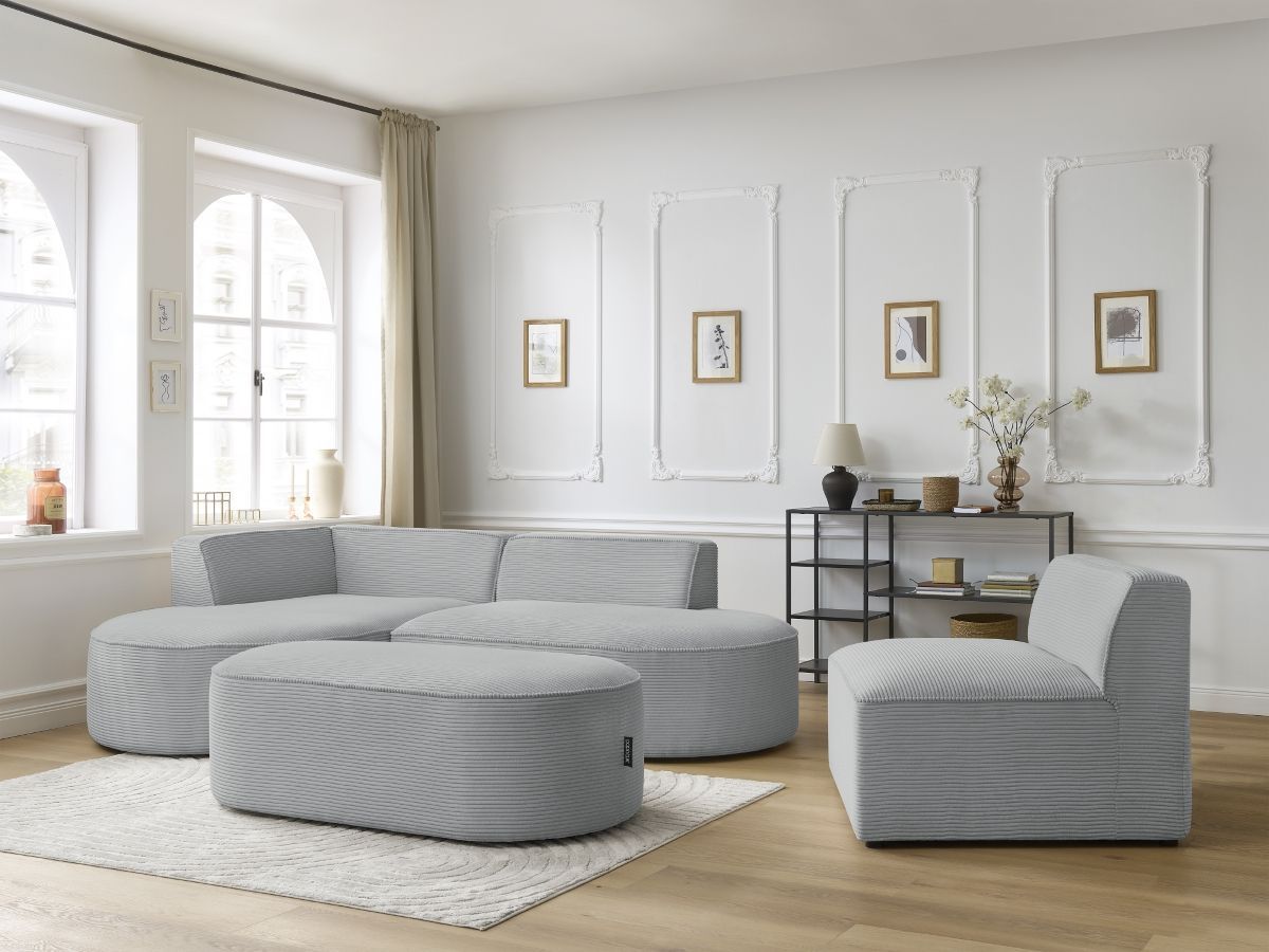 ROUSSEAU vaste modulaire hoekbank in corduroy met 1 fauteuil en 1 poef