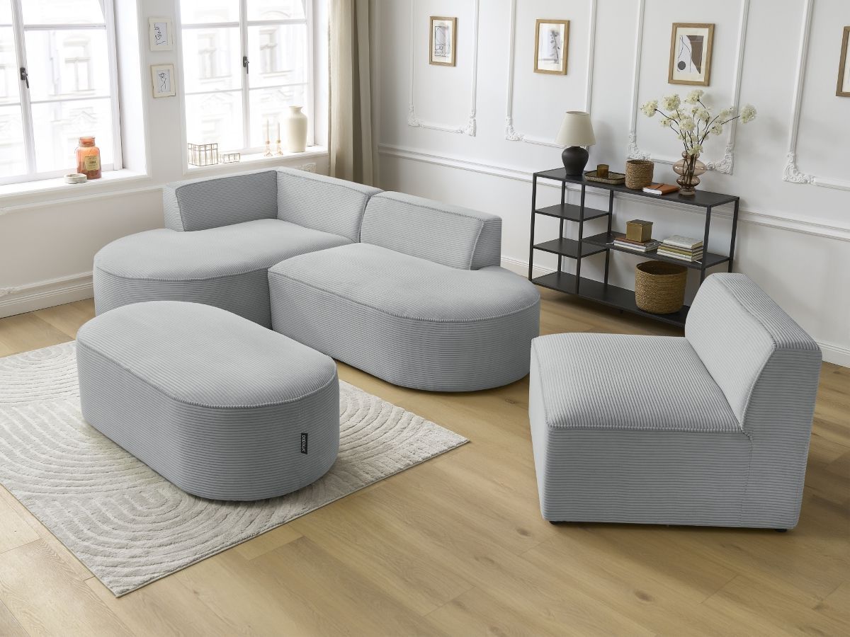 ROUSSEAU vaste modulaire hoekbank in corduroy met 1 fauteuil en 1 poef
