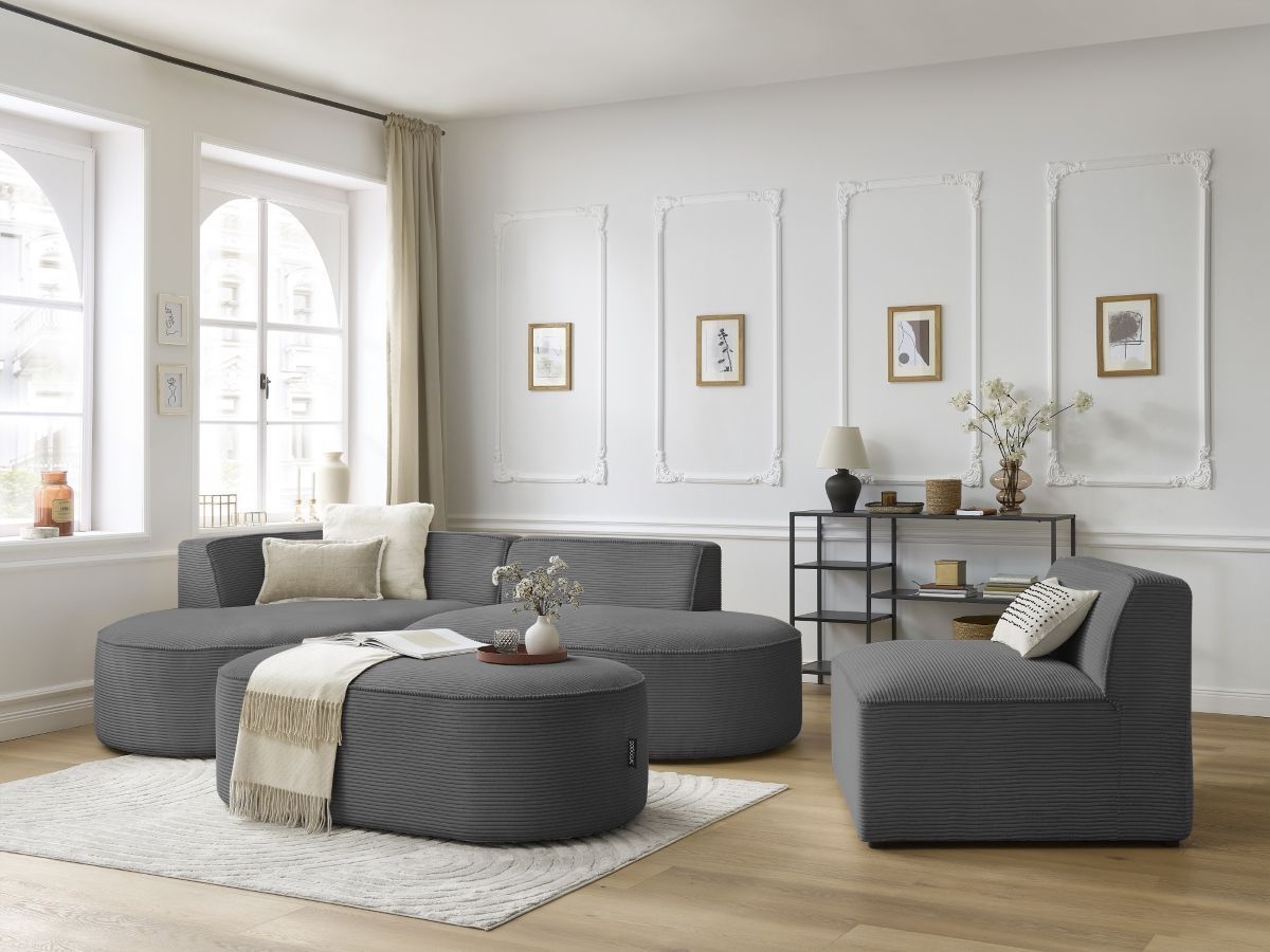 Canapé d'angle fixe modulable ROUSSEAU velours côtelé avec 1 chauffeuse et 1 pouf
