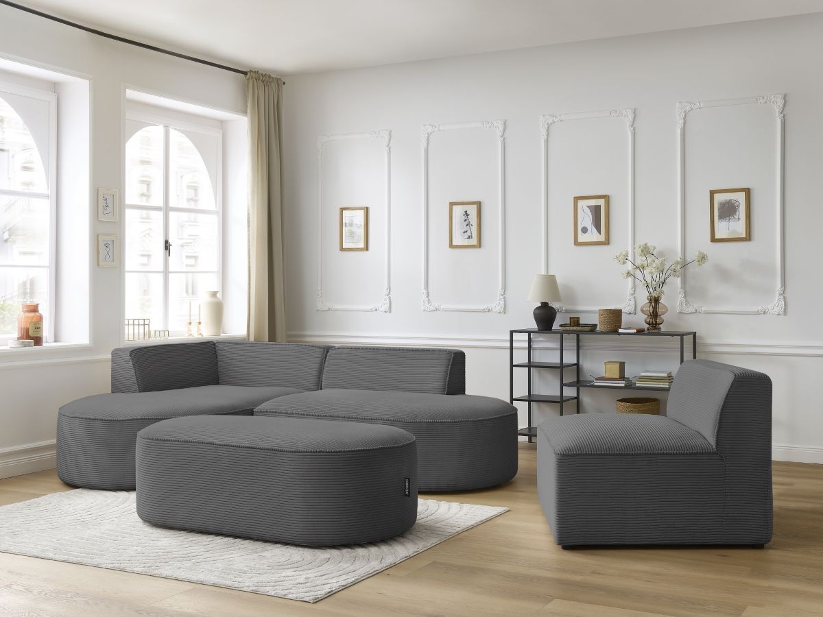 Canapé d'angle fixe modulable ROUSSEAU velours côtelé avec 1 chauffeuse et 1 pouf