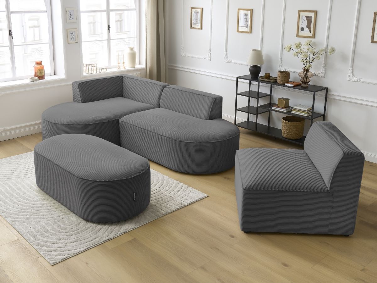 Canapé d'angle fixe modulable ROUSSEAU velours côtelé avec 1 chauffeuse et 1 pouf