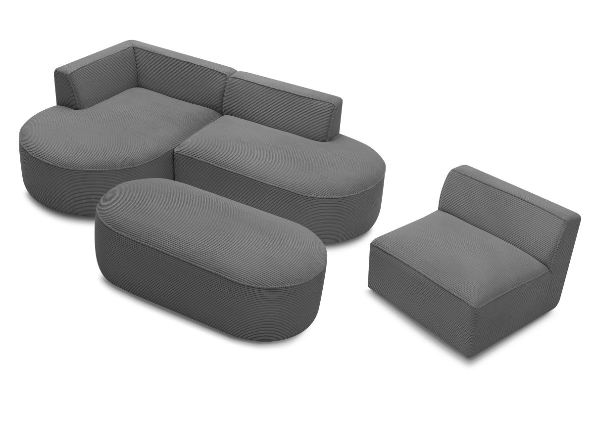 Canapé d'angle fixe modulable ROUSSEAU velours côtelé avec 1 chauffeuse et 1 pouf