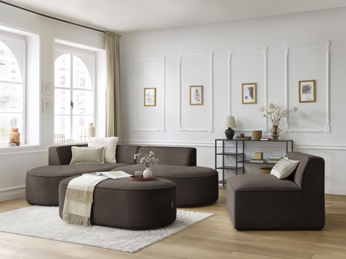 ROUSSEAU vaste modulaire hoekbank in corduroy met 1 fauteuil en 1 poef