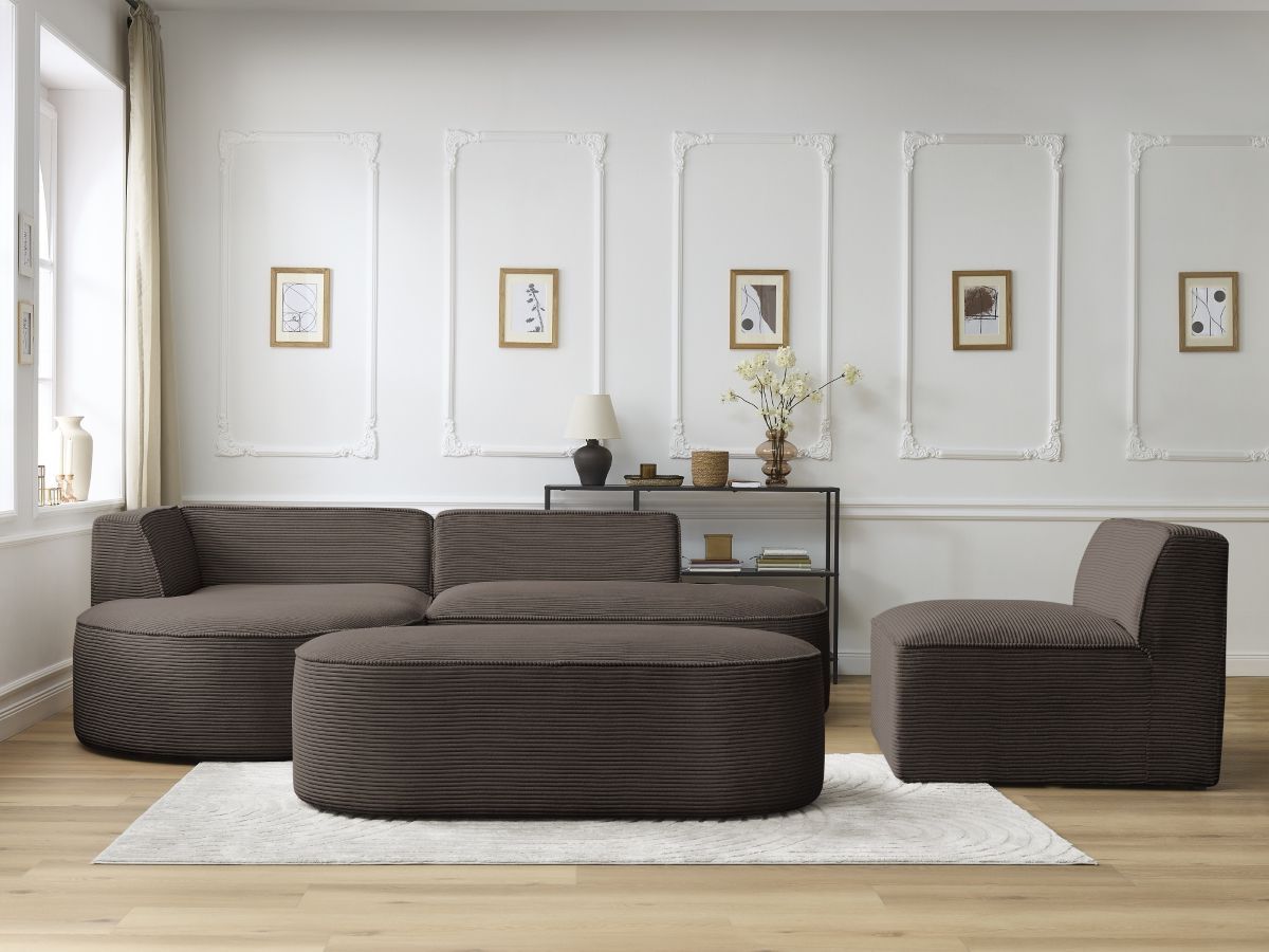 Canapé d'angle fixe modulable ROUSSEAU velours côtelé avec 1 chauffeuse et 1 pouf marron angle gauche BOBOCHIC 6 places - Vue supplémentaire 3