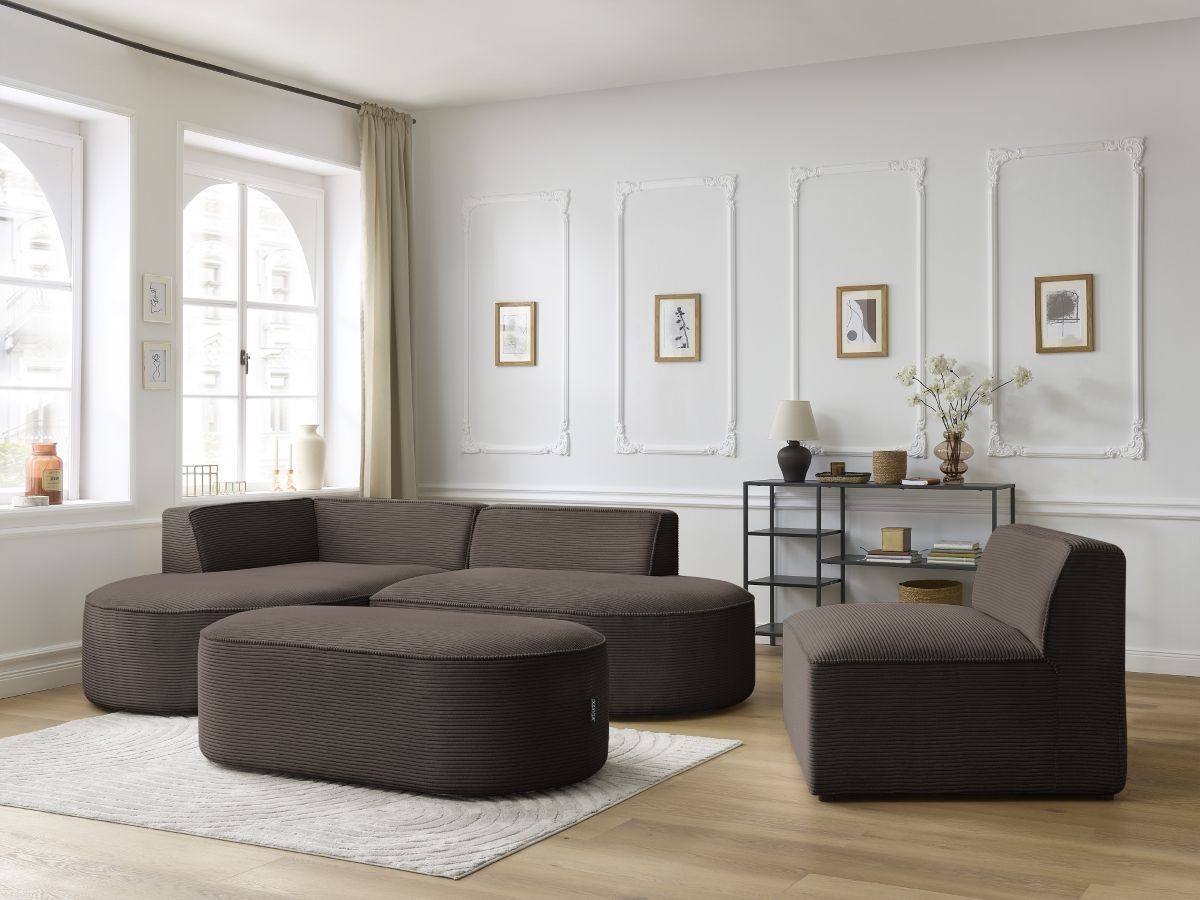 ROUSSEAU vaste modulaire hoekbank in corduroy met 1 fauteuil en 1 poef