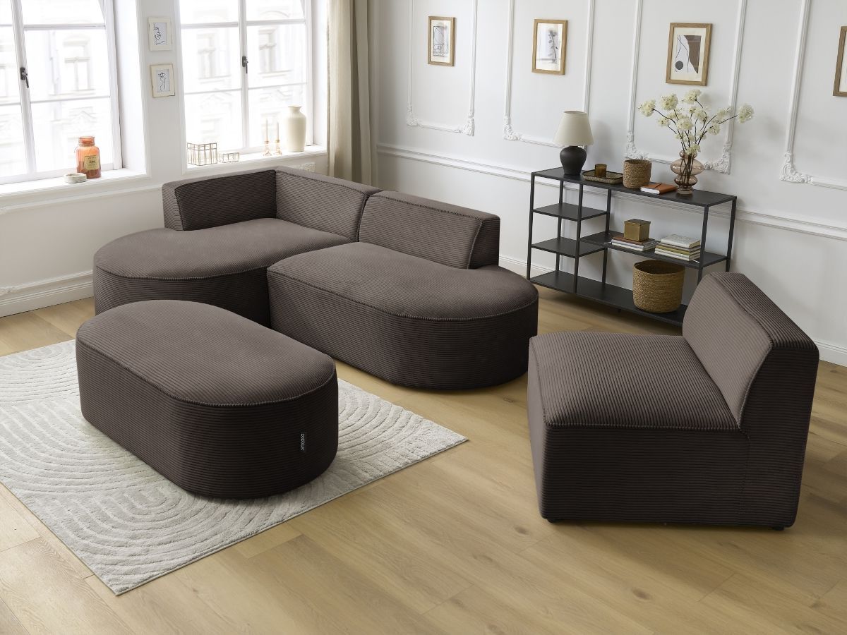 ROUSSEAU vaste modulaire hoekbank in corduroy met 1 fauteuil en 1 poef