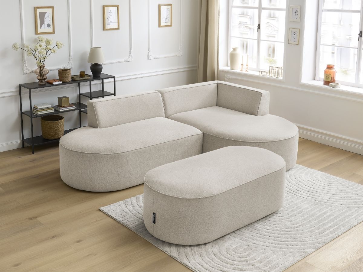 Canapé d'angle fixe ROUSSEAU tissu chiné avec pouf