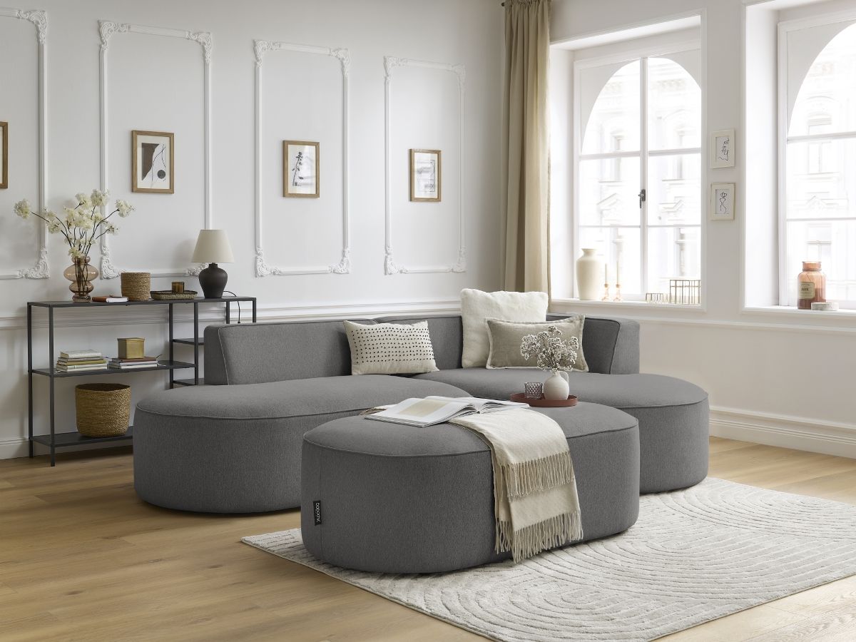 Canapé d'angle fixe ROUSSEAU tissu chiné avec pouf