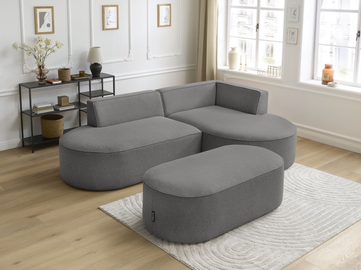 Canapé d'angle fixe ROUSSEAU tissu chiné avec pouf