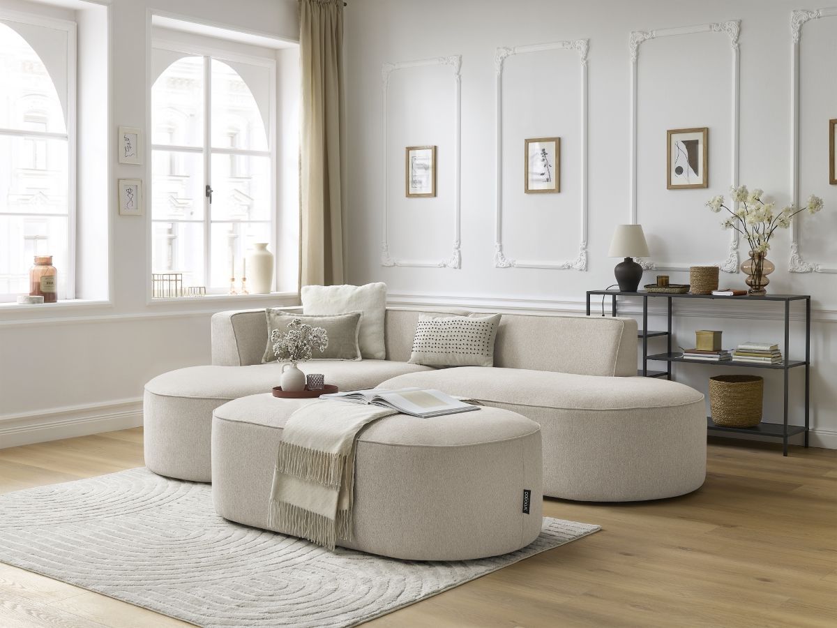 Canapé d'angle fixe ROUSSEAU tissu chiné avec pouf