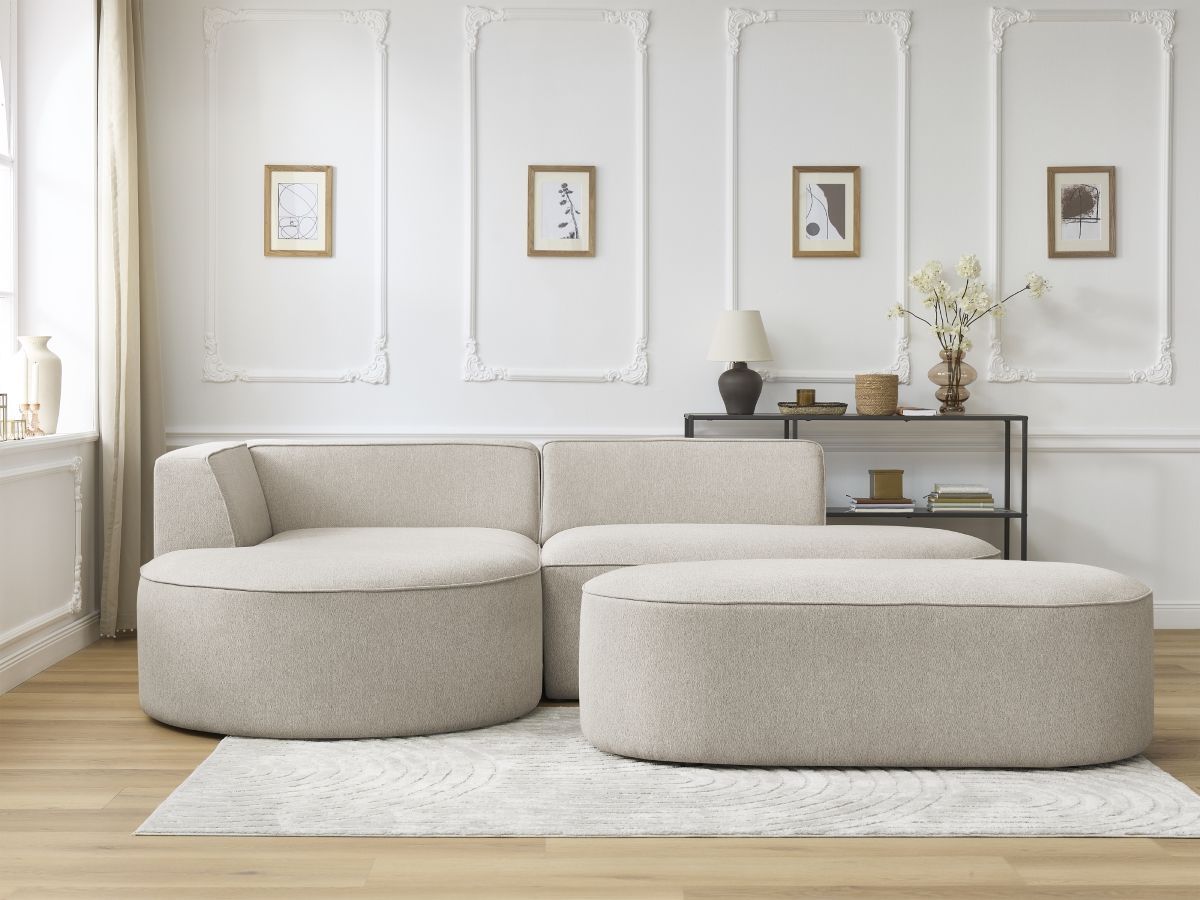 Canapé d'angle fixe ROUSSEAU tissu chiné avec pouf beige angle gauche BOBOCHIC 5 places - Vue supplémentaire 3