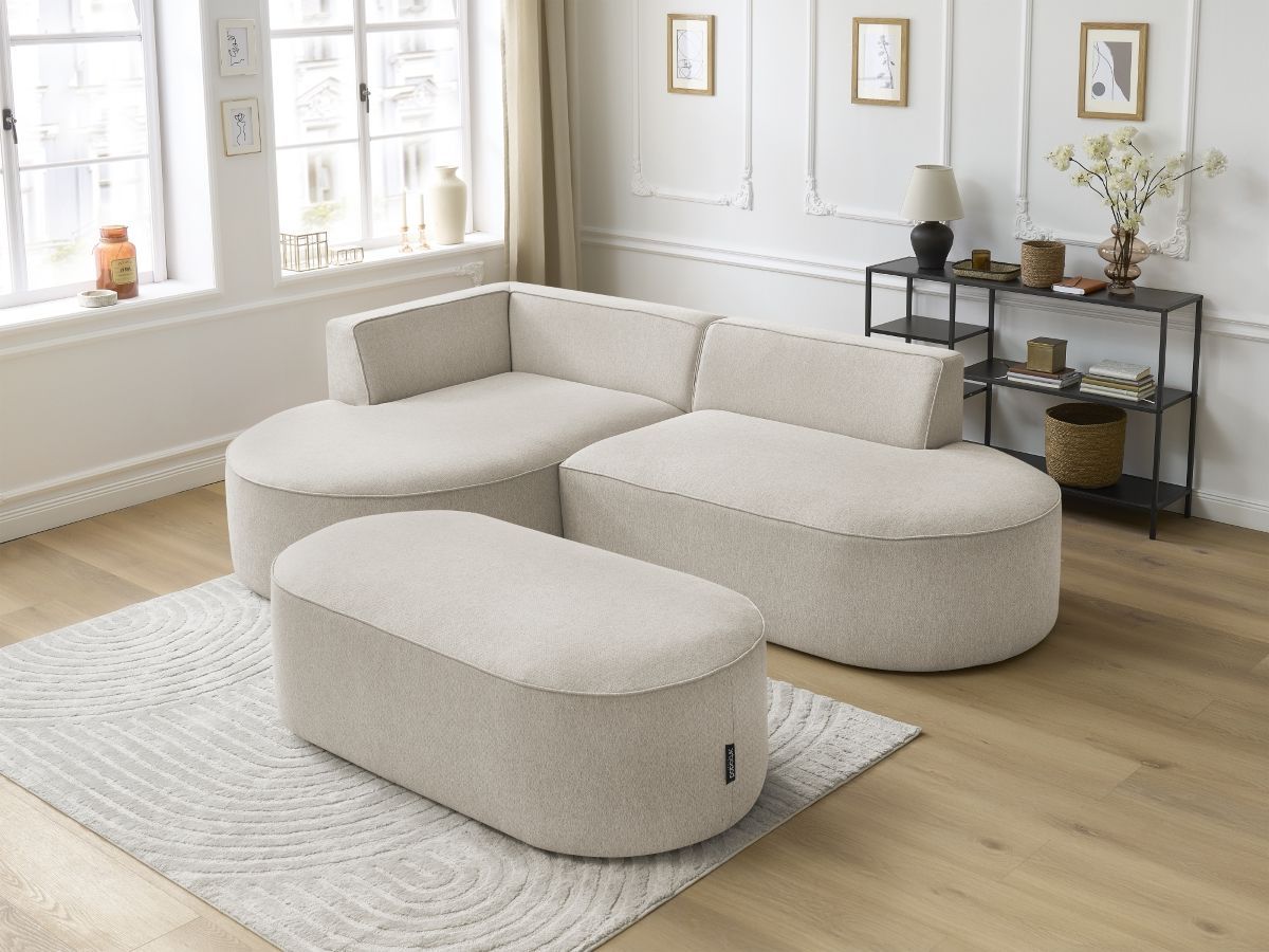 Canapé d'angle fixe ROUSSEAU tissu chiné avec pouf