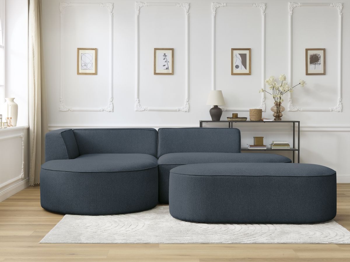 Canapé d'angle fixe ROUSSEAU tissu chiné avec pouf bleu foncé angle gauche BOBOCHIC 5 places - Vue supplémentaire 3