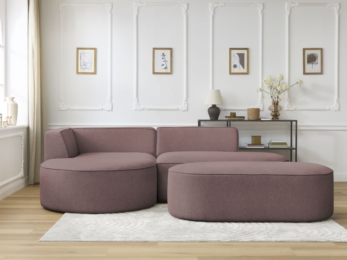 Canapé d'angle fixe ROUSSEAU tissu chiné avec pouf rose angle gauche BOBOCHIC 5 places - Vue supplémentaire 3