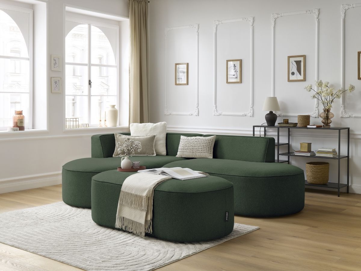 Canapé d'angle fixe ROUSSEAU tissu chiné avec pouf