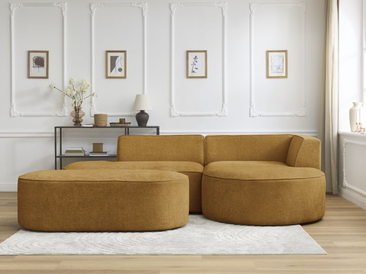 Canapé d'angle ROUSSEAU texturé avec pouf jaune — vue 5