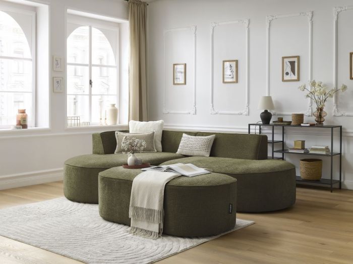 Canapé d'angle fixe ROUSSEAU tissu texturé avec pouf