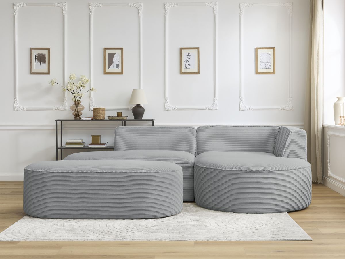 Canapé d'angle ROUSSEAU velours côtelé avec pouf gris clair — vue 5