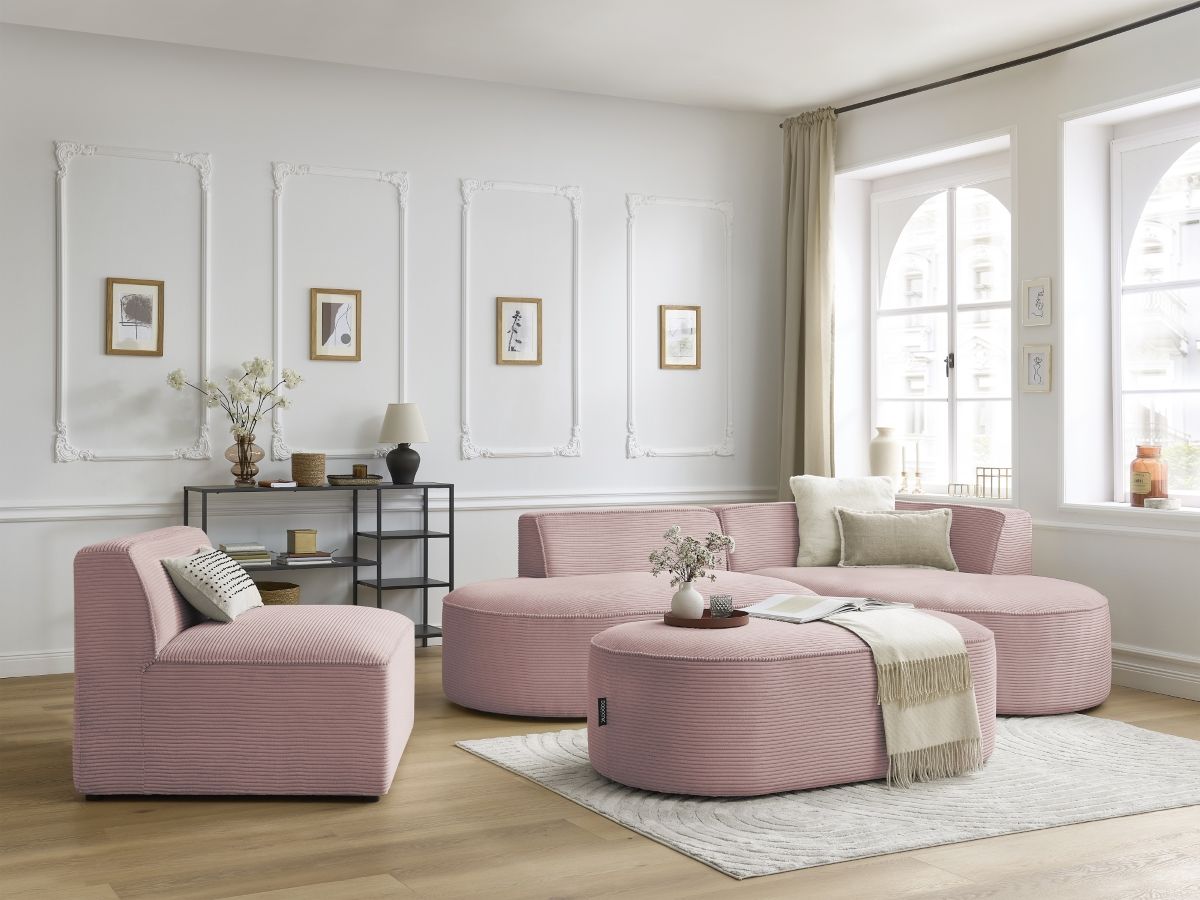 Canapé d'angle fixe modulable ROUSSEAU velours côtelé avec 1 chauffeuse et 1 pouf