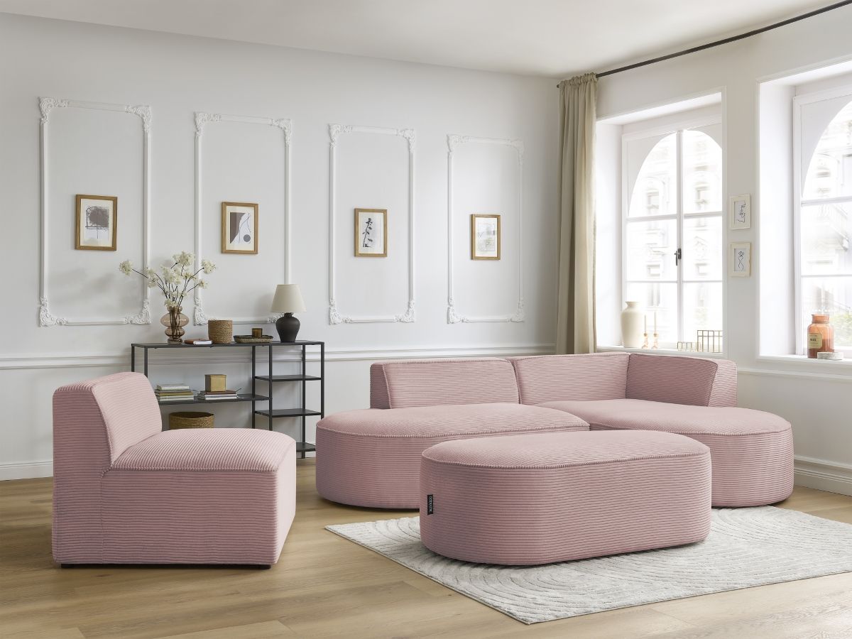 ROUSSEAU vaste modulaire hoekbank in corduroy met 1 fauteuil en 1 poef