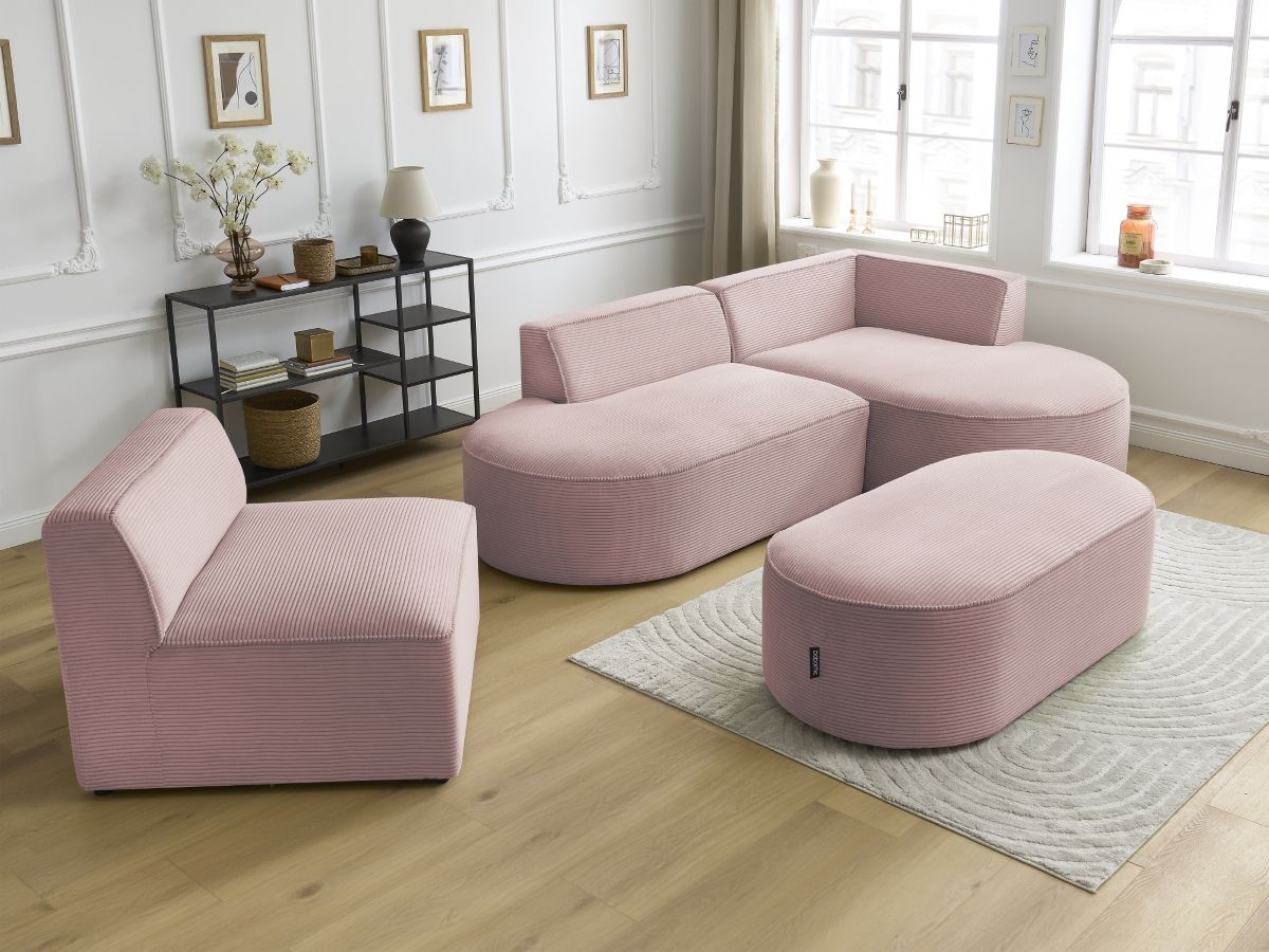 ROUSSEAU vaste modulaire hoekbank in corduroy met 1 fauteuil en 1 poef