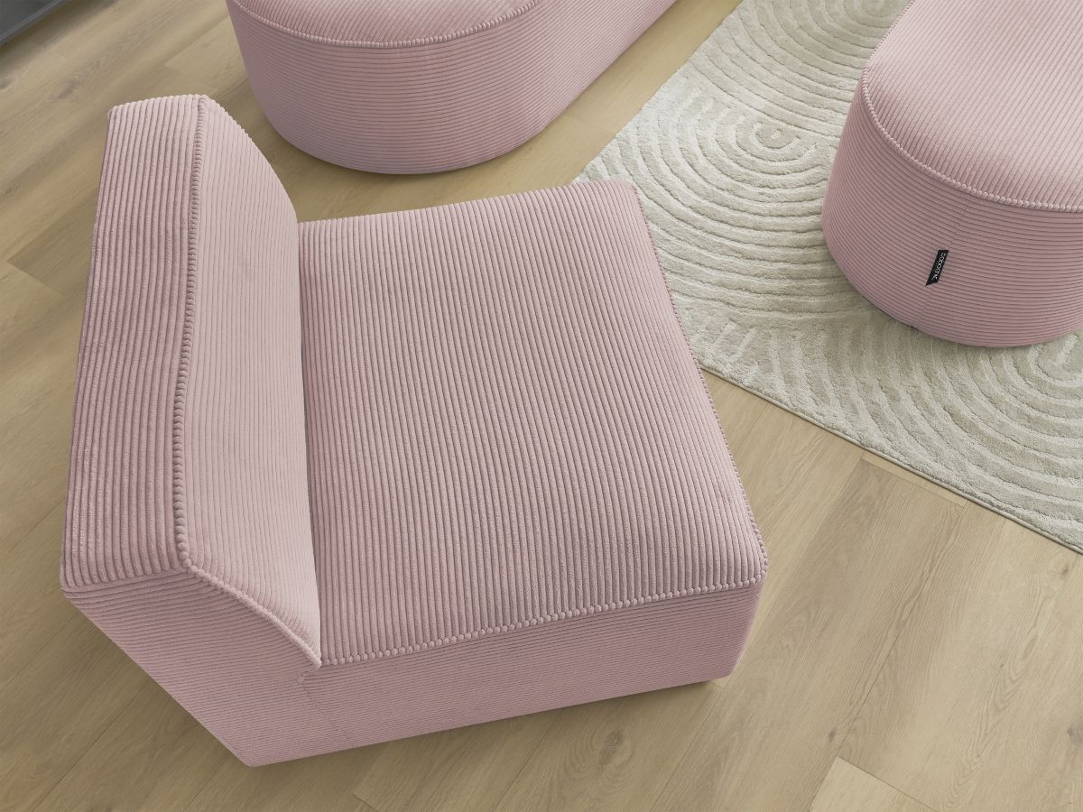 ROUSSEAU vaste modulaire hoekbank in corduroy met 1 fauteuil en 1 poef
