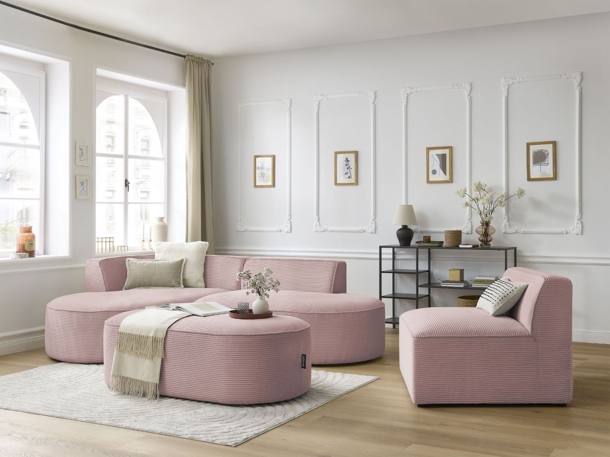 Canapé d'angle fixe modulable ROUSSEAU velours côtelé avec 1 chauffeuse et 1 pouf