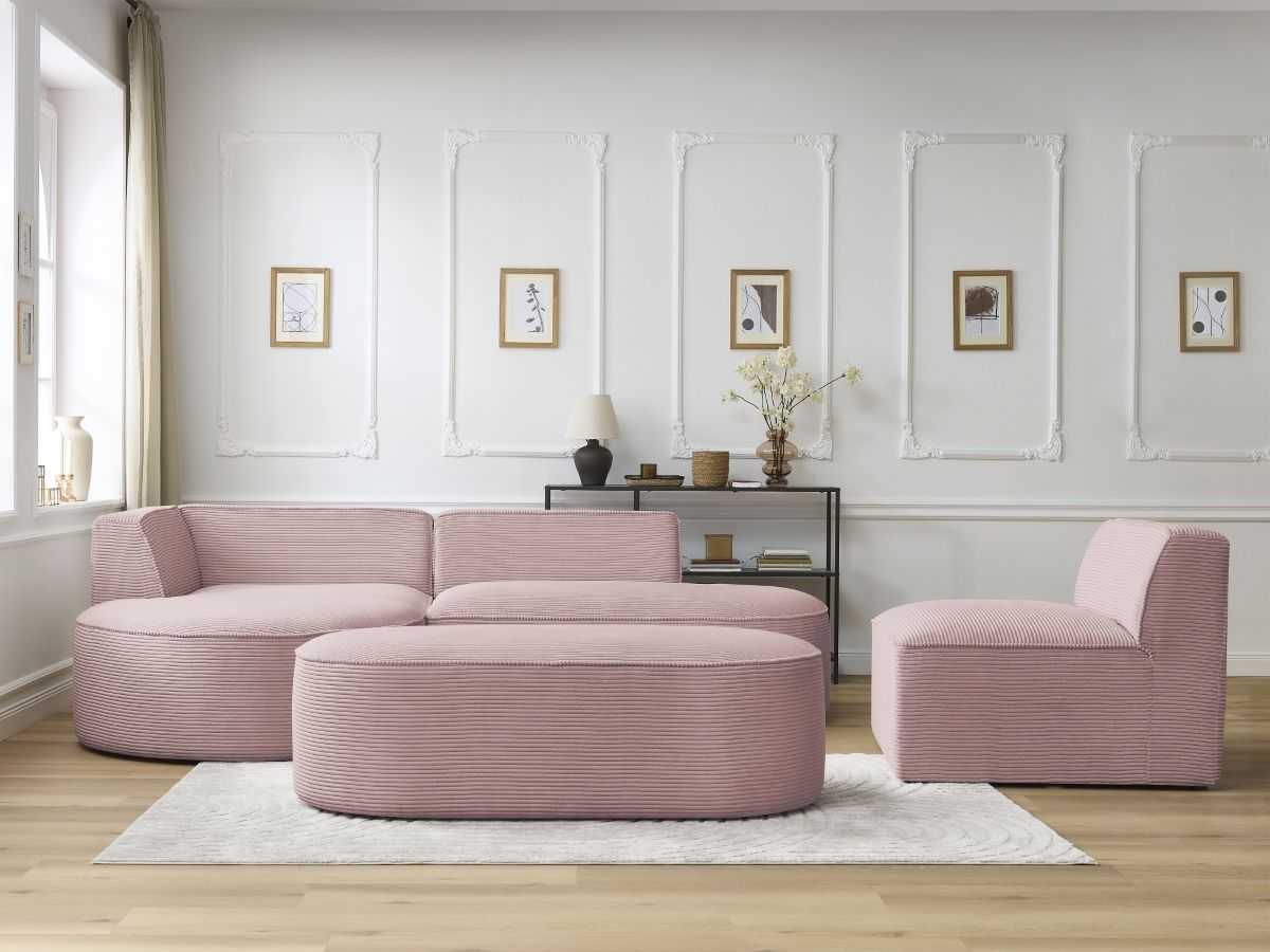 Canapé d'angle fixe modulable ROUSSEAU velours côtelé avec 1 chauffeuse et 1 pouf violet  angle gauche BOBOCHIC 6 places - Vue supplémentaire 3
