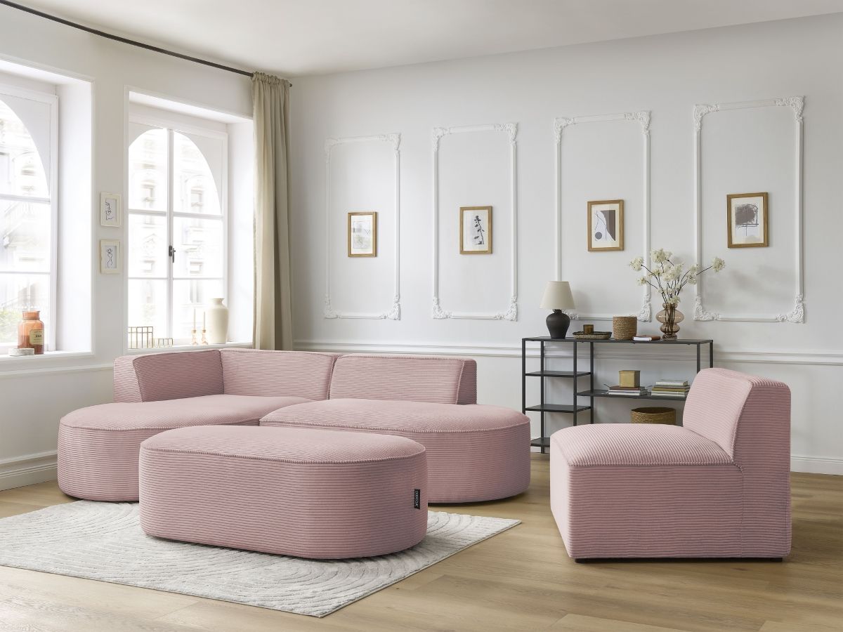 Canapé d'angle fixe modulable ROUSSEAU velours côtelé avec 1 chauffeuse et 1 pouf