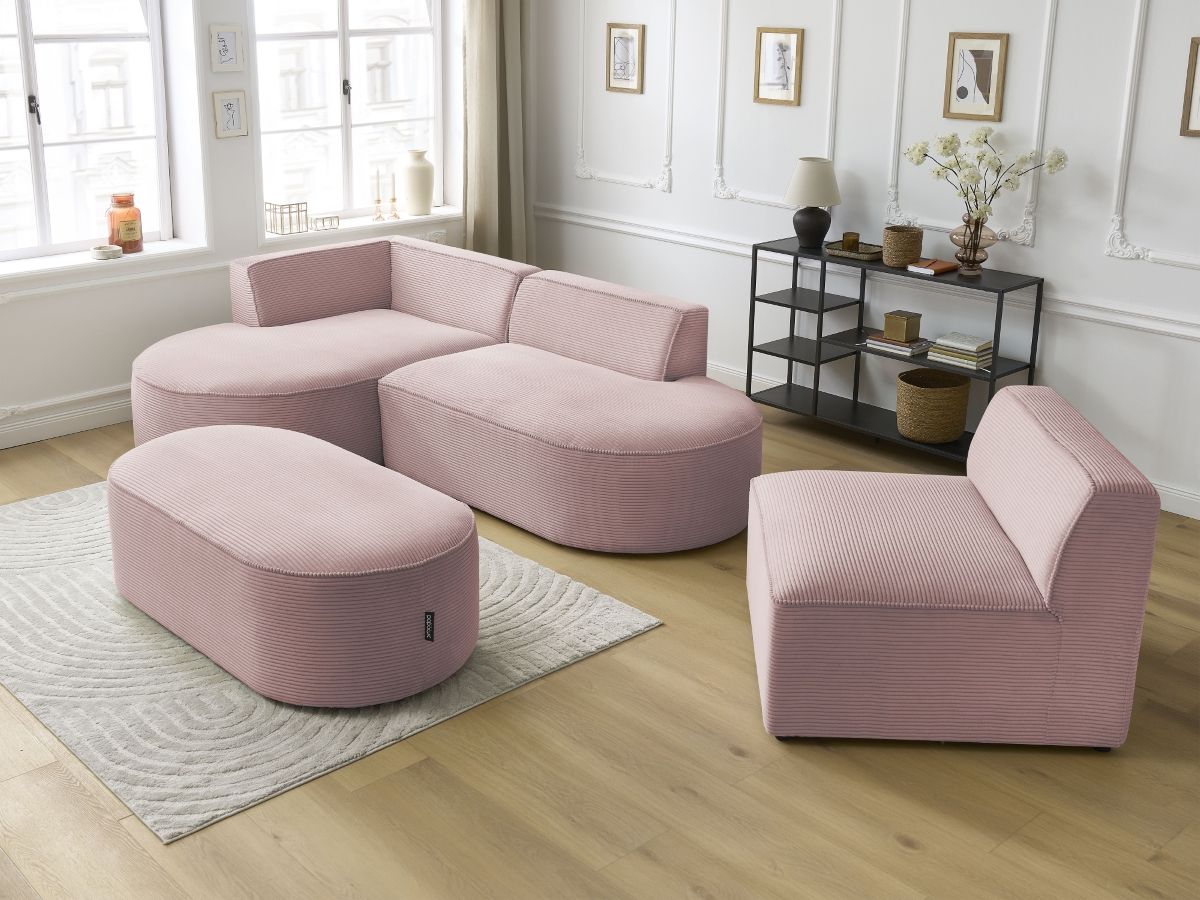 Canapé d'angle fixe modulable ROUSSEAU velours côtelé avec 1 chauffeuse et 1 pouf