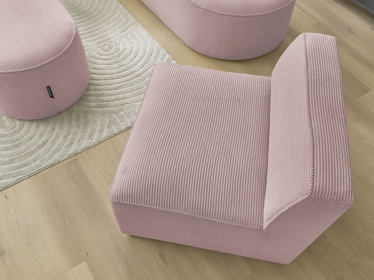 Canapé d'angle fixe modulable ROUSSEAU velours côtelé avec 1 chauffeuse et 1 pouf