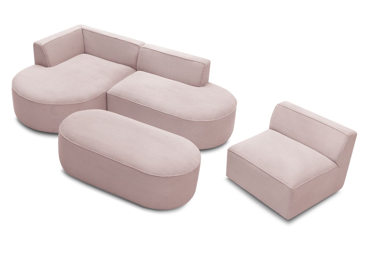Canapé d'angle fixe modulable ROUSSEAU velours côtelé avec 1 chauffeuse et 1 pouf