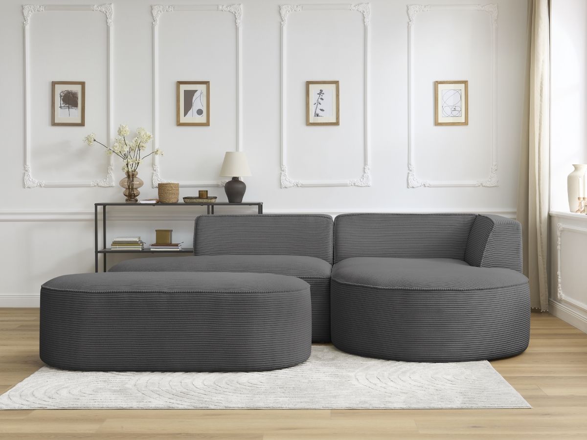 Canapé d'angle ROUSSEAU velours côtelé avec pouf gris foncé — vue 5