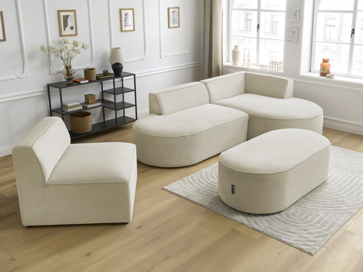 Canapé d'angle fixe modulable ROUSSEAU velours côtelé avec 1 chauffeuse et 1 pouf