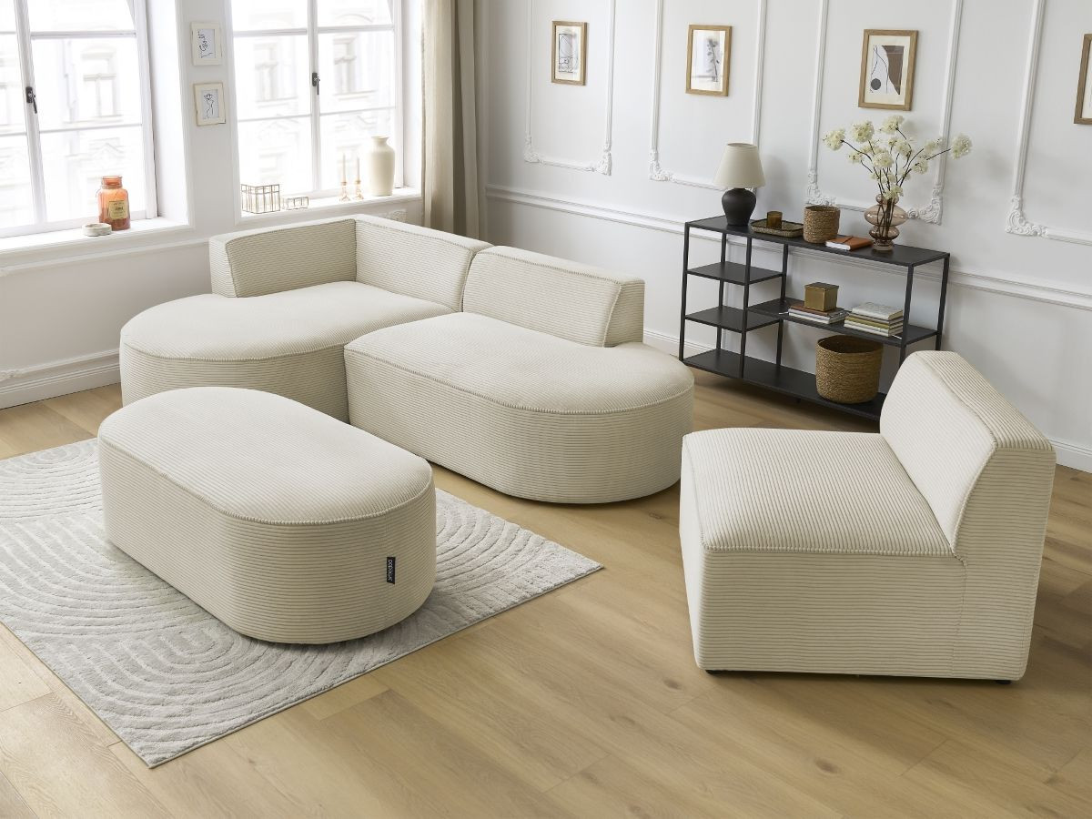 Canapé d'angle fixe modulable ROUSSEAU velours côtelé avec 1 chauffeuse et 1 pouf