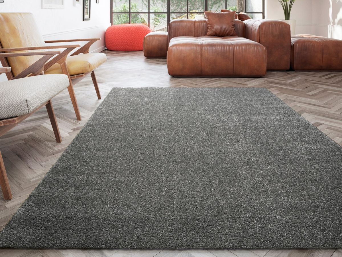 Tapis poils ras lavable MIREILLE uni gris foncé — vue 4