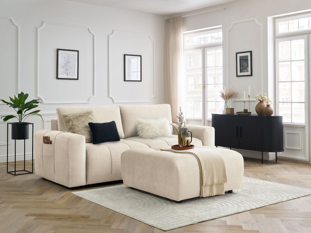 Canapé droit convertible coffre ARSENE tissu velours avec pouf