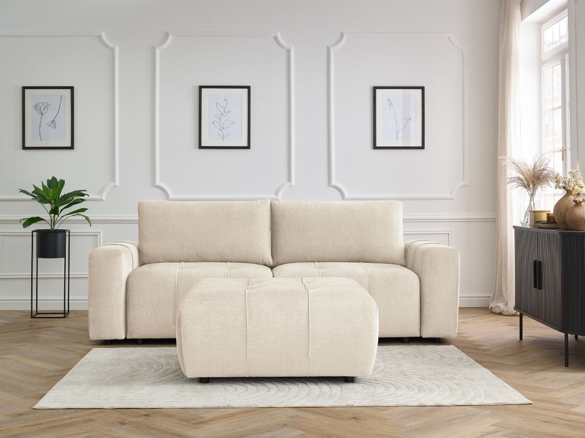 Canapé droit convertible coffre ARSENE tissu velours avec pouf