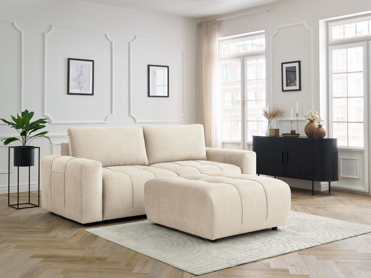 Canapé droit convertible coffre ARSENE velours avec pouf beige — vue 5