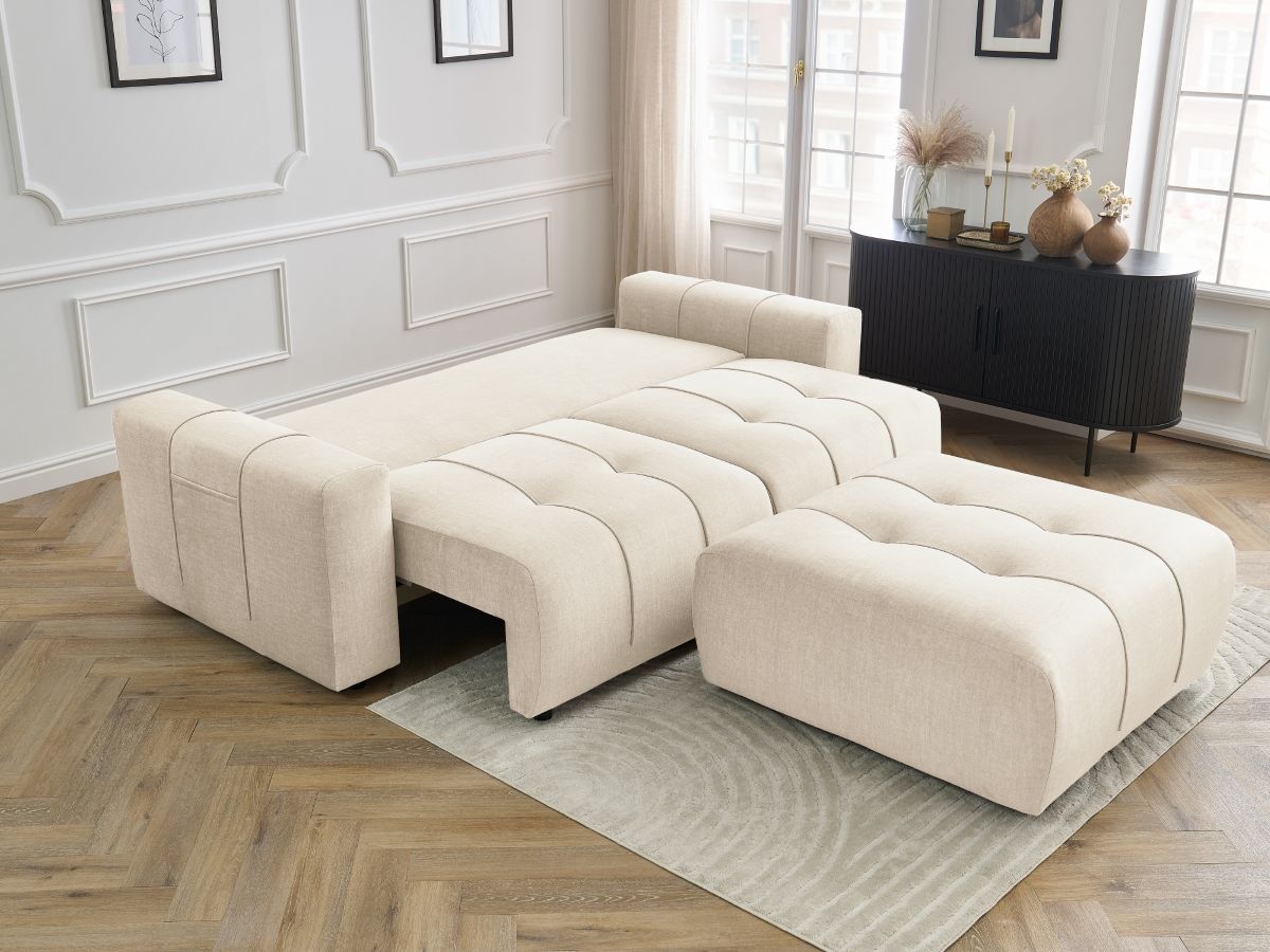 Canapé droit convertible coffre ARSENE tissu velours avec pouf