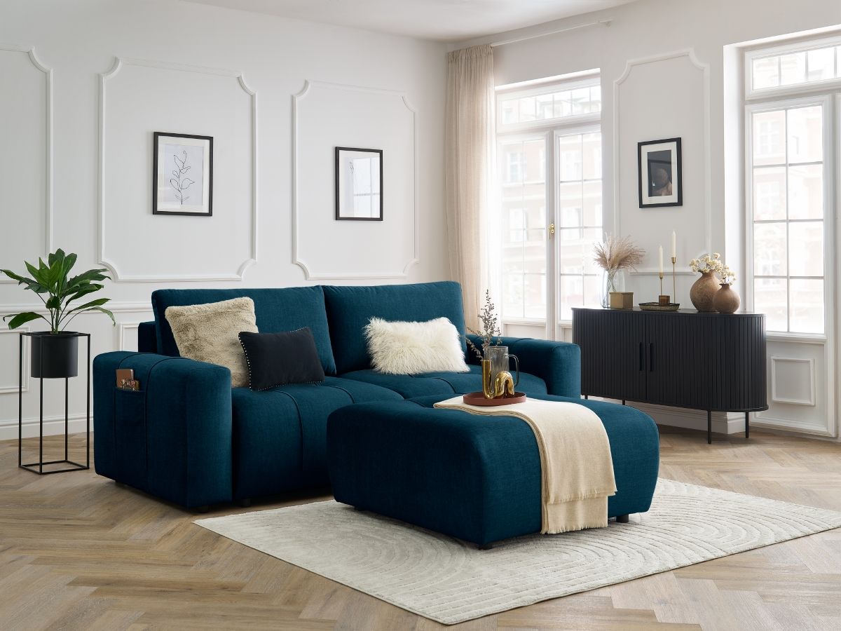 Canapé droit convertible coffre ARSENE tissu velours avec pouf