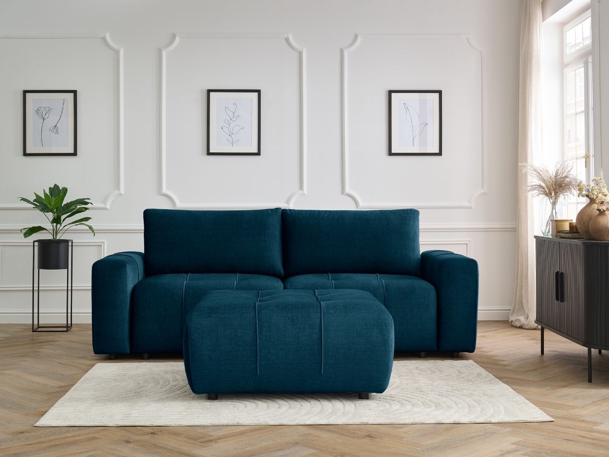 Canapé droit convertible coffre ARSENE tissu velours avec pouf