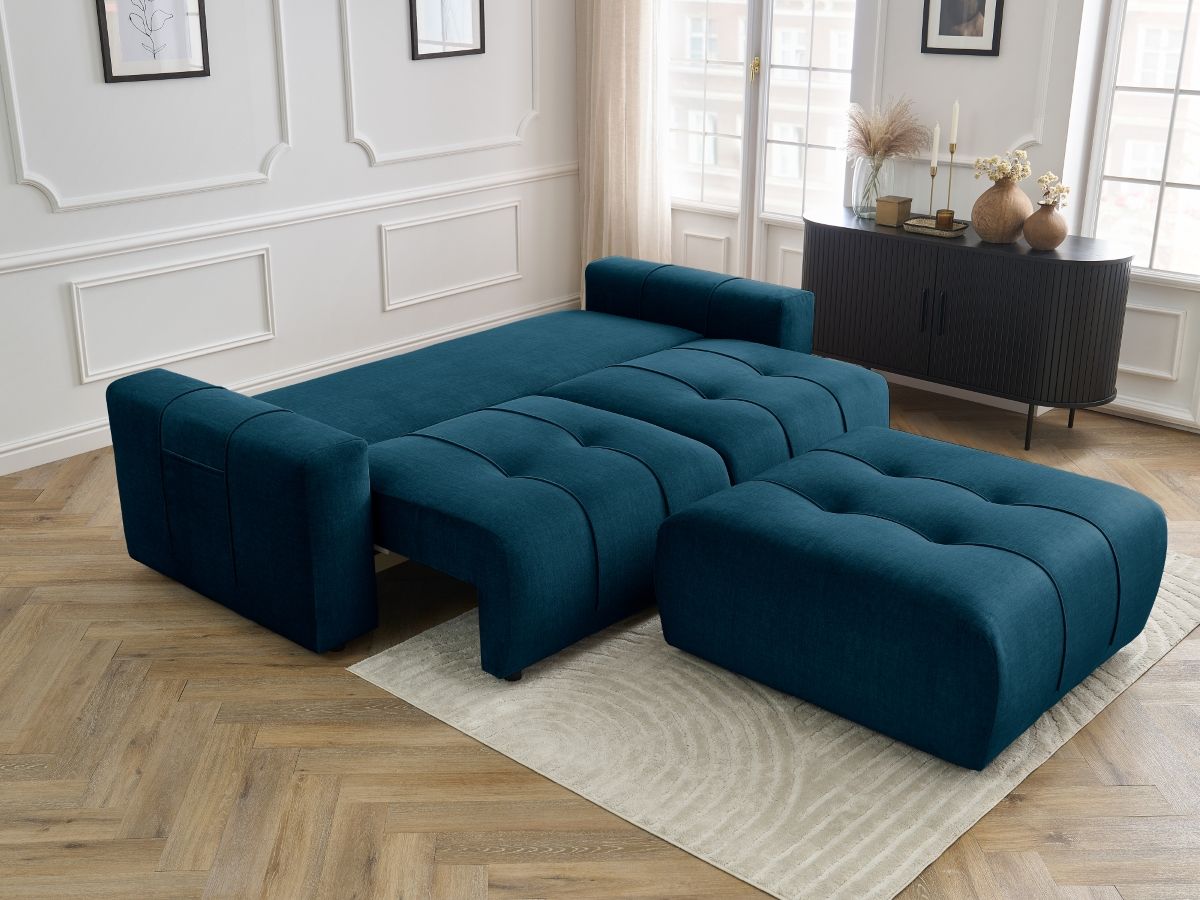 Canapé droit convertible coffre ARSENE tissu velours avec pouf