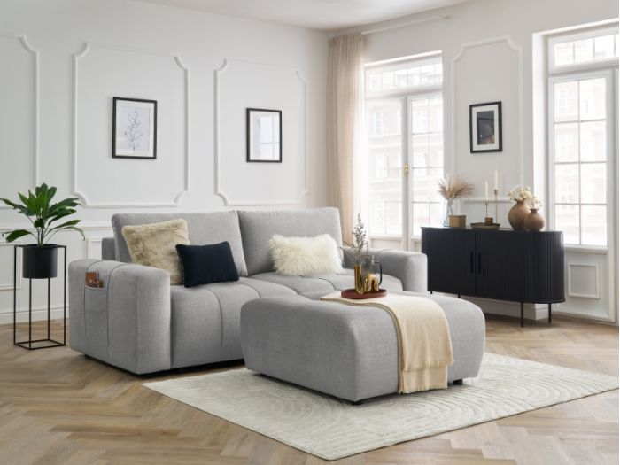 Canapé droit convertible coffre ARSENE tissu velours avec pouf