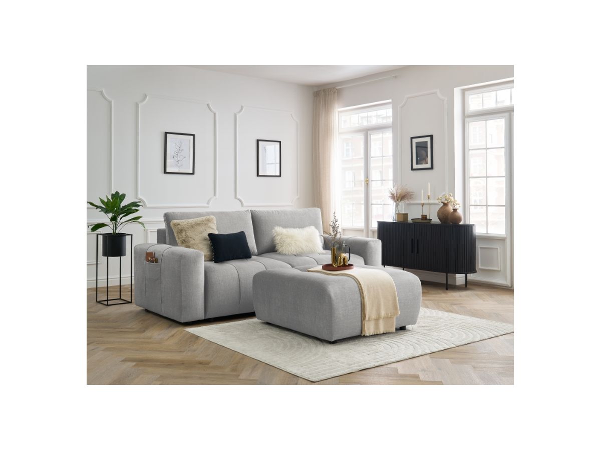 Canapé droit convertible coffre ARSENE tissu velours avec pouf